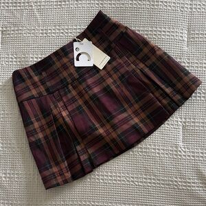 Commense Plaid Mini Skort in Burgundy and Brown